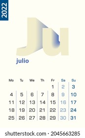 Minimalistische Kalendervorlage für Juli 2022, Vektorkalender in spanischer Sprache. Vektorkalender für 2022.