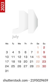 Minimalist calendar template for July 2023, vector calendar in English. Vector calendar for 2023.