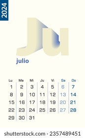 Minimalist calendar template for July 2024, vector calendar in Spanish language. Vector calendar for 2024.