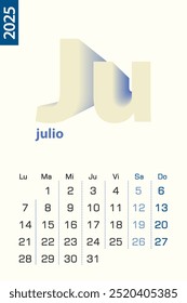 Modelo de calendário minimalista para julho de 2025, calendário vetorial em espanhol. Calendário vetorial para 2025.