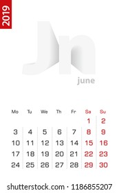Minimalist calendar template for June 2019, vector calendar in English.