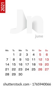 Minimalist calendar template for June 2021, vector calendar in English. Vector calendar for 2021.