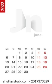Minimalist calendar template for June 2022, vector calendar in English. Vector calendar for 2022.