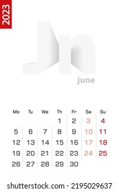 Minimalist calendar template for June 2023, vector calendar in English. Vector calendar for 2023.