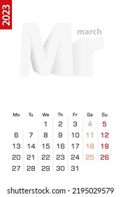 Minimalist calendar template for March 2023, vector calendar in English. Vector calendar for 2023.
