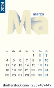 Minimalist calendar template for March 2024, vector calendar in Spanish language. Vector calendar for 2024.