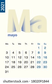 Minimalist calendar template for May 2021, vector calendar in Spanish language. Vector calendar for 2021.