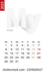 Minimalist calendar template for May 2023, vector calendar in English. Vector calendar for 2023.