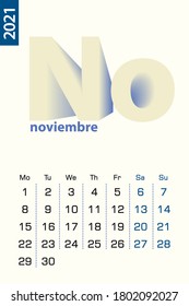 Minimalist calendar template for November 2021, vector calendar in Spanish language. Vector calendar for 2021.