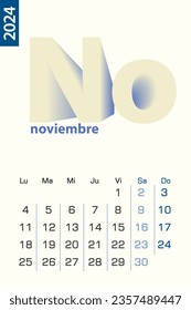 Minimalist calendar template for November 2024, vector calendar in Spanish language. Vector calendar for 2024.