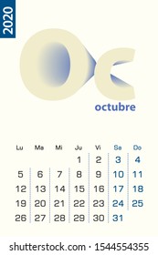 Minimalist calendar template for October 2020, vector calendar in Spanish language. Vector calendar for 2020.