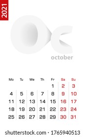 Minimalist calendar template for October 2021, vector calendar in English. Vector calendar for 2021.