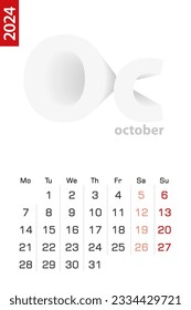Minimalist calendar template for October 2024, vector calendar in English. Vector calendar for 2024.