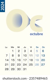 Minimalist calendar template for October 2024, vector calendar in Spanish language. Vector calendar for 2024.