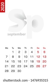 Minimalist calendar template for September 2020, vector calendar in English. Vector calendar for 2020.