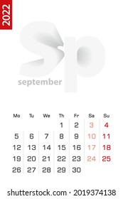 Minimalist calendar template for September 2022, vector calendar in English. Vector calendar for 2022.