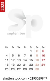 Minimalist calendar template for September 2023, vector calendar in English. Vector calendar for 2023.