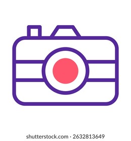 Minimalist Camera Icon Design in Purple Outline with Pink Lens Circle Center