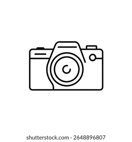 A minimalist camera icon is drawn in black, featuring clean lines and a simple design, set against a transparent background, ideal for various usage purposes.