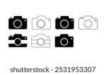 Minimalist camera icon set featuring symbols for photo capture, snapshot, shutter, flash, and digital app. Designed in modern, flat, outline vector style, these icons maintain a clean and simple aesth