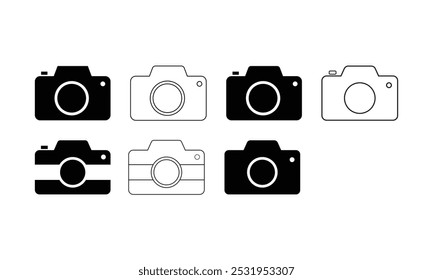 Conjunto minimalista de ícones de câmera com símbolos para captura de foto, instantâneo, obturador, flash e aplicativo digital. Projetado em estilo vetorial moderno, plano, contorno, esses ícones mantêm um aesth limpo e simples