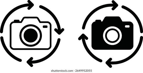 Ícones minimalistas da câmera: DSLR e símbolos da fotografia do smartphone, preto e branco, design moderno