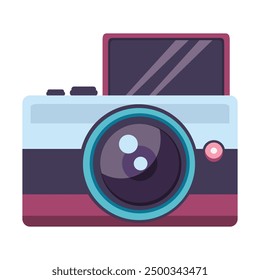 minimalist camera illustration features a white body with dark grey and maroon accents. The large blue lens and small pink button add a modern touch