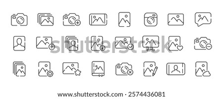 Minimalist camera and photo icons set for digital media and photography applications. Vector icon