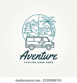 minimalist camper van adventure with a background of beach and mountains line art icon logo vector illustration design. simple modern travel, vacation, recreation logo concept