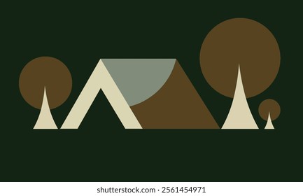  Minimalist camping illustration featuring a geometric tent, trees, and a nature-inspired color palette. Perfect for outdoor, adventure, and design themes.