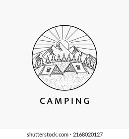 Minimalist camping in the mountains line art logo illustration template design