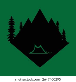 Minimalist camping scene featuring a tent, trees, and mountains in black silhouette against a green background, presented in a diamond shape.