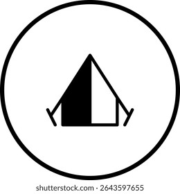 Minimalist camping tent icon design inside a circle with black and white contrast