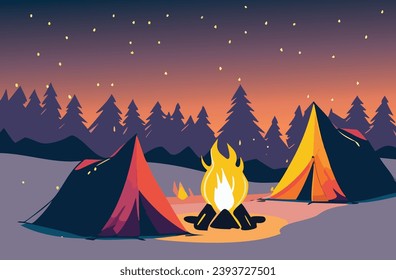 Minimalist campsite at winter night, glowing campfire by tents.