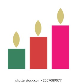 Minimalist candle illustration, geometric shapes, vibrant colors, green red pink candles, gold flames, simple design, flat vector style, Christmas motif, modern holiday graphic.