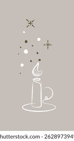 Minimalist candle line art with stars and dots on a beige background. Simple candle design, elegant line art, and decorative stars create a calming aesthetic. Aesthetic illustration vector.