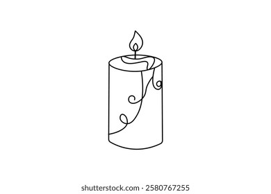 Minimalist candle single line art drawing of Burning fire candle for print isolated outline design 