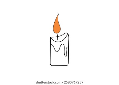 Minimalist candle single line art drawing of Burning fire candle for print isolated outline design 