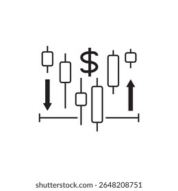 Minimalist candlestick chart with dollar symbol and arrows, ideal for financial trading apps, stock market visuals, cryptocurrency dashboards, forex interfaces, and economic analysis designs.