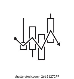 Icono de gráfico de velas minimalista con línea de tendencia decreciente, ideal para representar operaciones bursátiles, análisis financiero, mercado de divisas, tendencias de criptomonedas, informes económicos y datos de inversión.