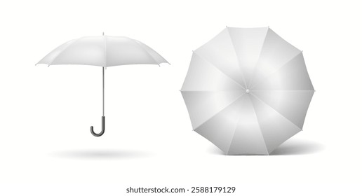 Minimalist cane umbrellas mockup side and top view realistic color icons set. Elegant design and functionality 3d objects bundle on white