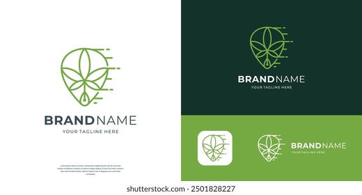 minimalist cannabis leaf logo with pin location concept style.