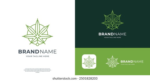 minimalist cannabis logo green leaves combined with circle line shape design.