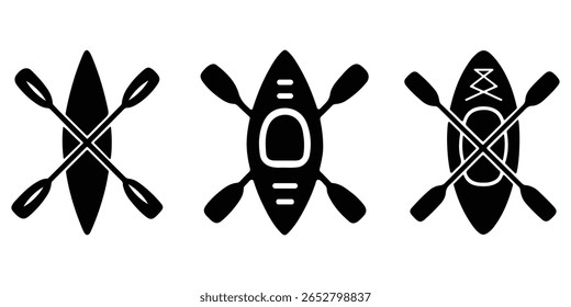 Canoa minimalista com ícones de vetor preto paddle para esportes aquáticos.