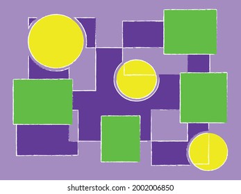 Minimalist canvas composed of geometric shapes in yellow, green, purple and lilac. Decorative frame for contemporary environments.