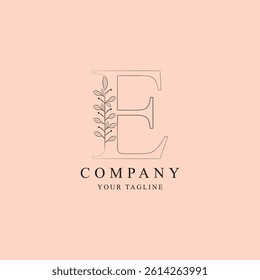  Minimalist capital initials letter  E logo with elegant botanical design. Features a clean monogram style with organic plant elements. Perfect for feminine branding, beauty businesses, and modern bus