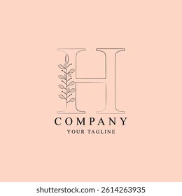  Minimalist capital initials letter H logo with elegant botanical design. Features a clean monogram style with organic plant elements. Perfect for feminine branding, beauty businesses, and modern bus