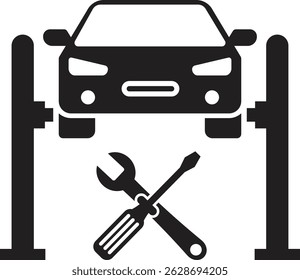 Minimalist Car on Hydraulic Lift with Tools Symbolizing Auto Repair and Maintenance