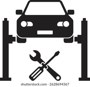 Minimalist Car on Hydraulic Lift with Tools Symbolizing Auto Repair and Maintenance