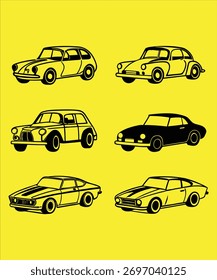 Iconos minimalistas del vector del coche - siluetas negras de la vista frontal en amarillo